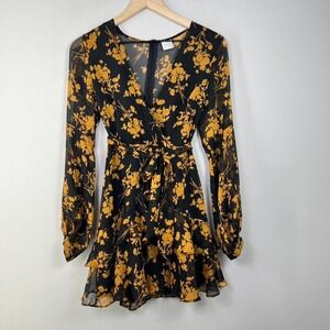 Selfie Leslie Black Gold Floral Mini Dress Sheer Long Sleeve Wrap XS